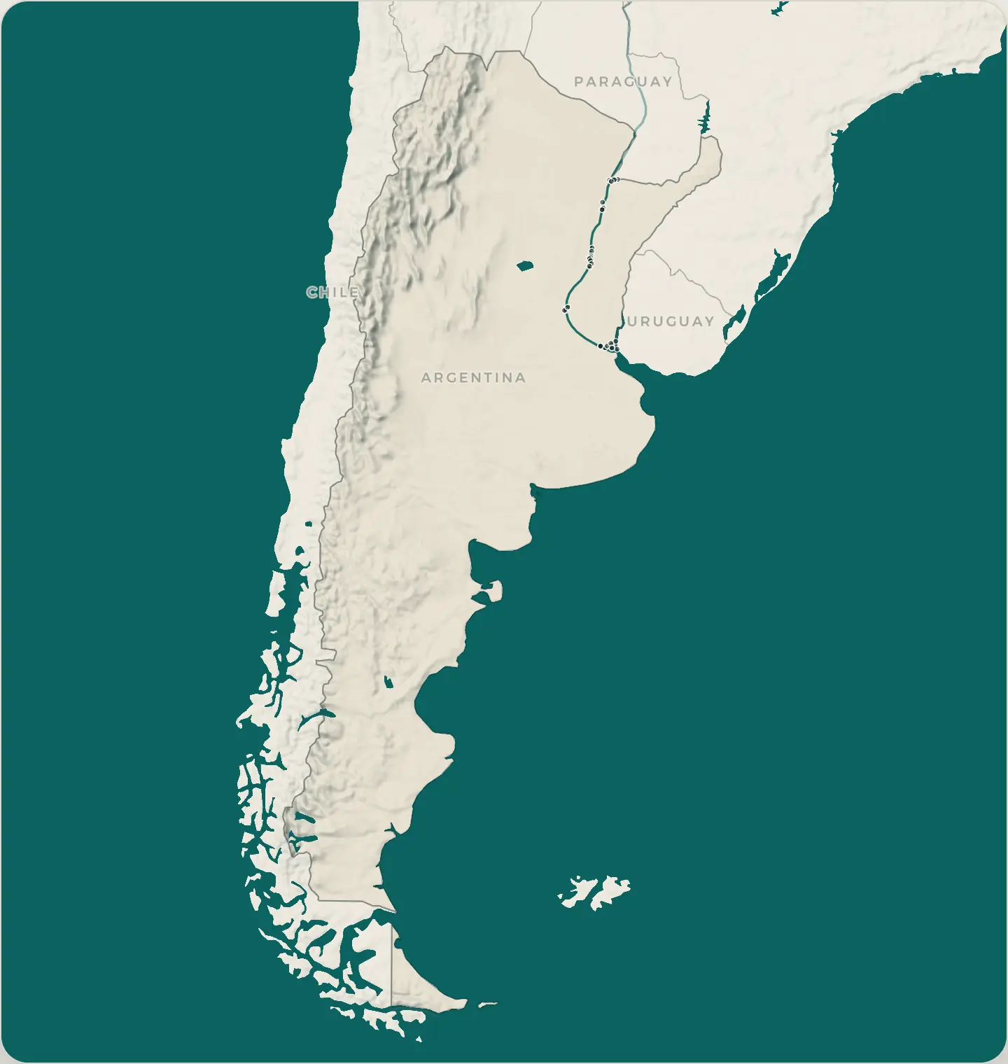 Mapa de Argentina con los destinos de pesca de PESQA