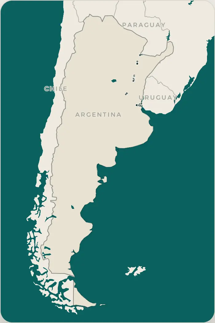 Mapa de Argentina con los destinos de pesca de PESQA