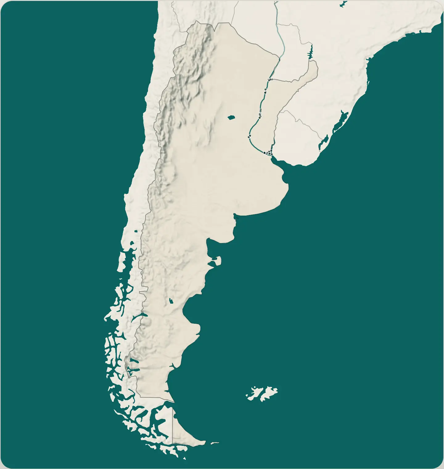 Mapa da Argentina com os destinos de pesca da PESQA