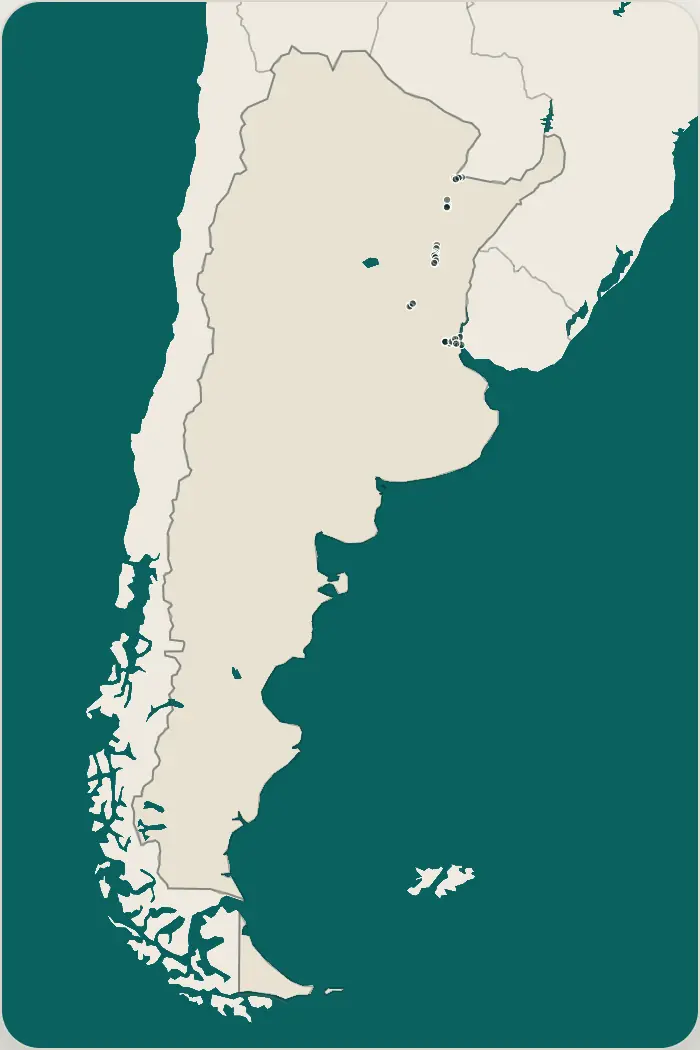 Mapa da Argentina com os destinos de pesca da PESQA